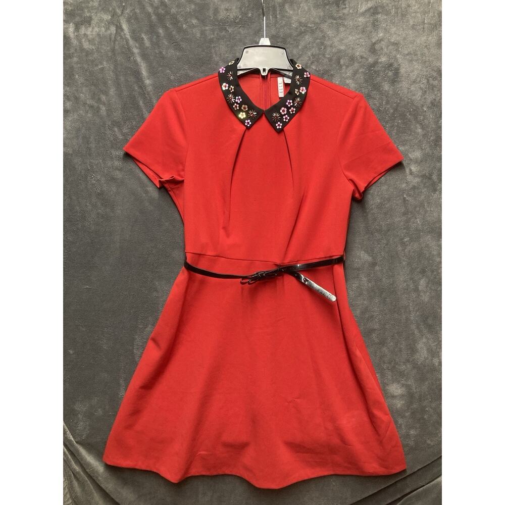 ELLE Embellished Fit & Flare Peter Pan Collar Dress Red Coquette 1960 Retro Sz10